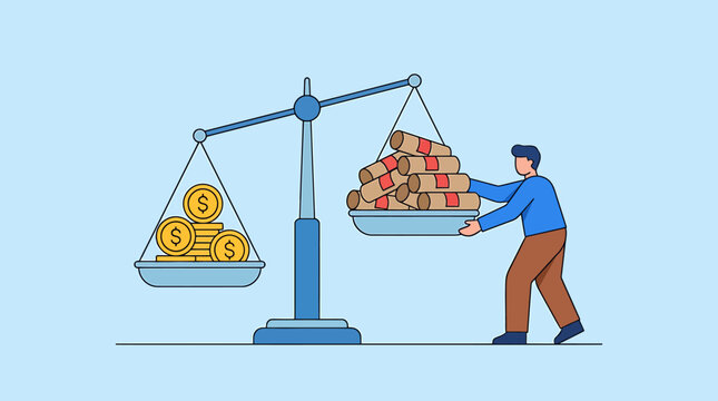Business Balance Scale Illustrating Coins and Bricks in Economic Assessment. Vector Illustrations. EPS Editable