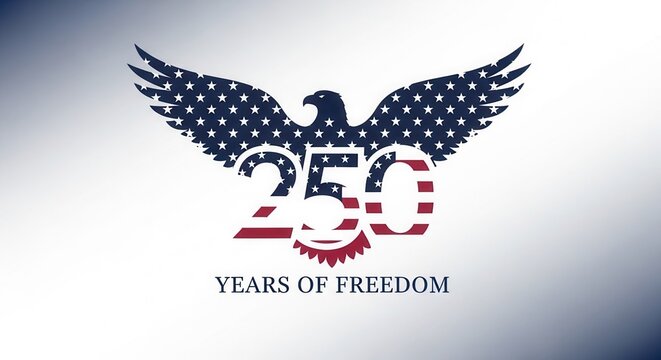 USA 250 years of freedom patriotic emblem featuring American eagle silhouette with flag stars and stripes. Professional logo for United States semiquincentennial 2026 anniversary.