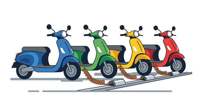 Colorful Moped Lineup in Urban Street Scene. Vector Illustrations. EPS Editable
