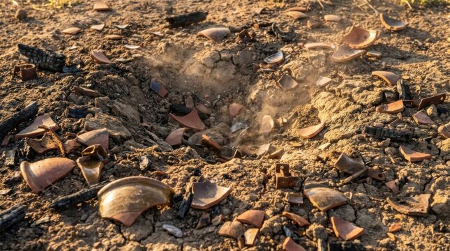 Fragmented ceramic shards and pottery pieces unearthed from dry, cracked archaeological dig site with dust rising.