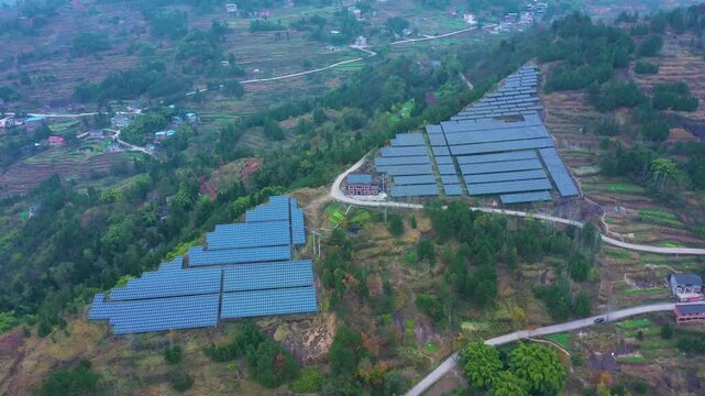 Aerial Solar Farm in Rural Valley with Agricultural Land