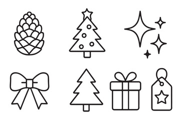 Fototapeta premium Simple black and white line art of christmas themed icons