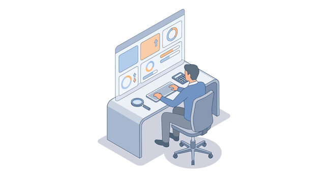 Data Analyst Working at Computer Desk with Dashboard Monitors. Vector Illustrations. EPS Editable