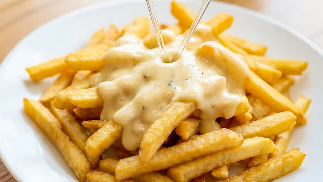 Delicious potato fries topped with savory carbonara sauce and romantic heart picks served with a matcha latte in the background. / Kentang goreng lezat dengan topping saus karbonara gurih dan tusukan 