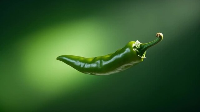 Floating green chili pepper captured in extreme macro detail, illuminated by soft but high intensity studio lights that create sharp highlights and deep contrast, dynamic food advertising aesthetic