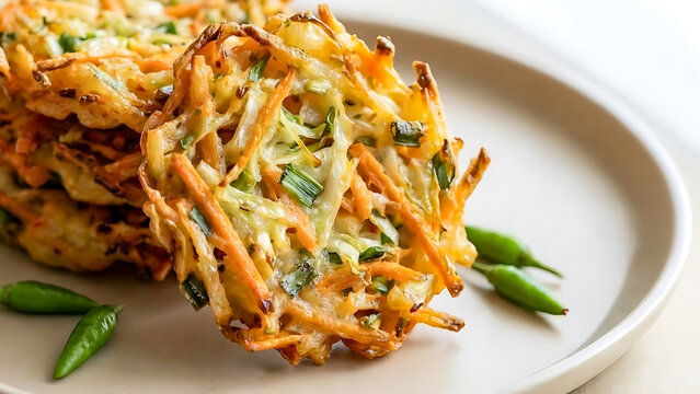 A stack of crispy vegetable fritters made with carrots and cabbage, served with green chilies on a plate. / Tumpukan bakwan sayur renyah dengan wortel dan kol, disajikan dengan cabai hijau di piring.