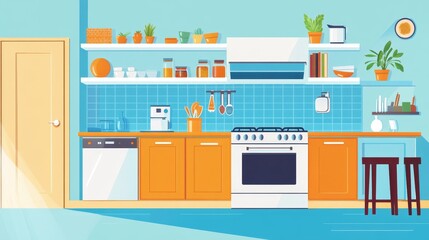Fototapeta premium A modern kitchen design featuring bright blue walls, wooden cabinets, and various plants