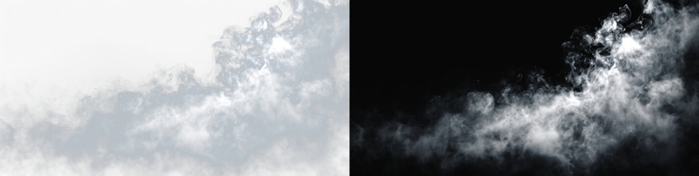 white smoke cloud or steam puff on split background, atmospheric fog overlay for design, realistic smoke jet trail isolated png