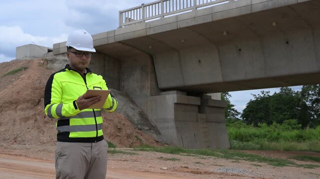 Professional civil engineer using digital tablet to inspect concrete bridge construction site. Infrastructure maintenance, structural engineering assessment and transportation safety development.