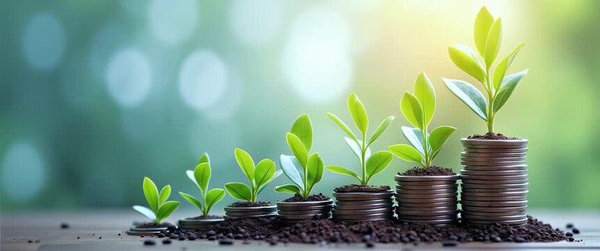 Young green plants sprout from stacked coins, symbolizing financial growth, while the camera slowly pans across the scene, set against a bokeh backdrop with gentle sunlight flicker, in a cinematic sty