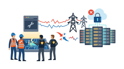 Fototapeta premium Industrial IT Team Working On Network Infrastructure And Security. Vector Illustrations. EPS Editable