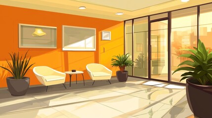 Fototapeta premium A modern, brightly lit interior featuring comfortable chairs, plants, and large glass windows