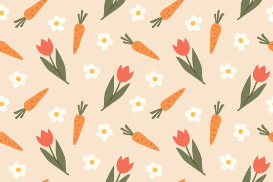 seamless spring, easter pattern with tulips, carrots and daisies - vector illustration