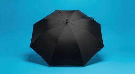 Centered black umbrella, open, against a flat bright blue backdrop, studio lit