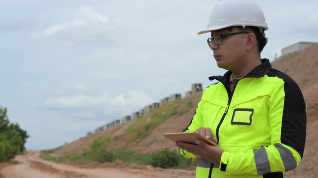 Professional civil engineer using digital tablet to inspect concrete bridge construction site. Infrastructure maintenance, structural engineering assessment and transportation safety development.