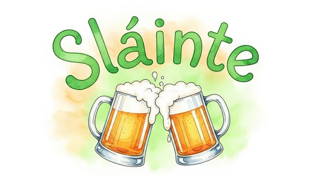 Drinking toast, lettering Slainte, Irish traditional word for wishing health and cheers. St. Patrick's day celebration, party in pub. Two clinking beer mugs with overflowing frothing golden drink