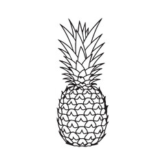 Obraz premium Stylized black and white line art illustration of whole pineapple with leafy crown, isolated on white. Tropical fruit design, healthy food vector.