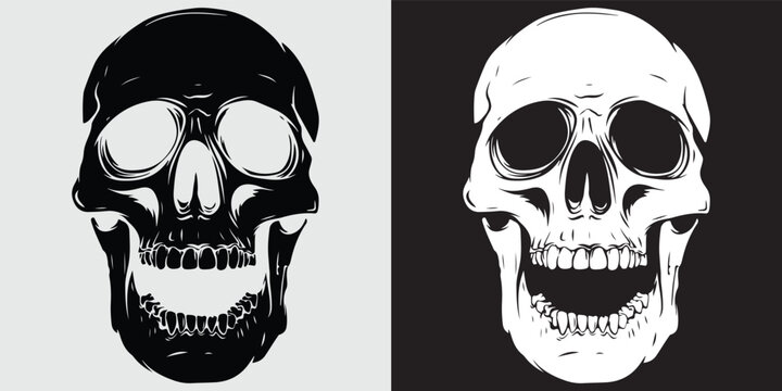 Skull laughing grin vector illustration, black and white flat design art, horror halloween theme graphic