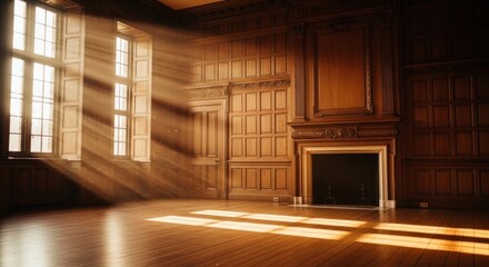 Fototapeta premium Ornate room with paneled walls, wood floors, and sunlight streaming through windows