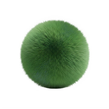 A close-up view of a textured green spherical object resembling a moss-covered ball