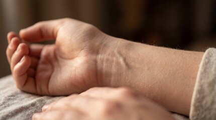 Human hand resting showing skin texture and wrist veins
