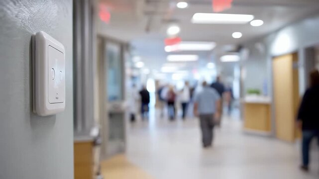 Close view of motion sensor controls in a busy mixeduse healthcare corridor highlighting energy retrofit technology while keeping the rest of the scene softly out of focus.