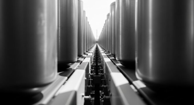 Cylindrical objects converge along a conveyor belt in a monochrome, eye-level view
