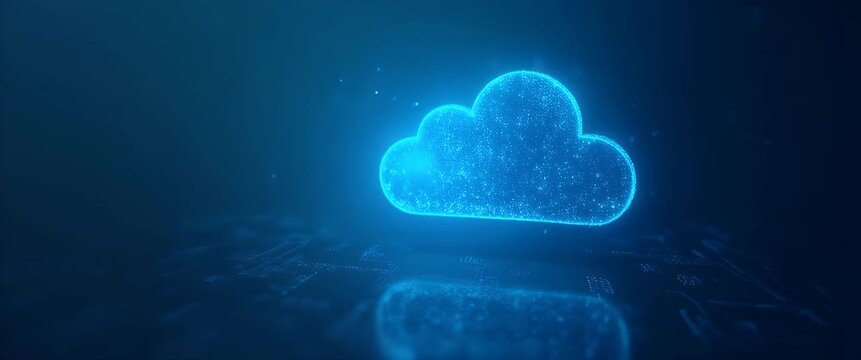 Futuristic cloud technology concept with digital particles shimmering, ambient lights flickering, and a smooth cinematic pan across a dark, sleek background.