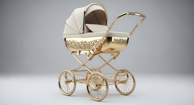Elegant golden pram with cream interior, ornate details on a soft grey background