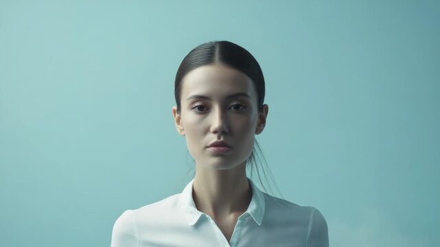 Woman stands with a cloud over her head in a blue setting during daylight to express her thoughts
