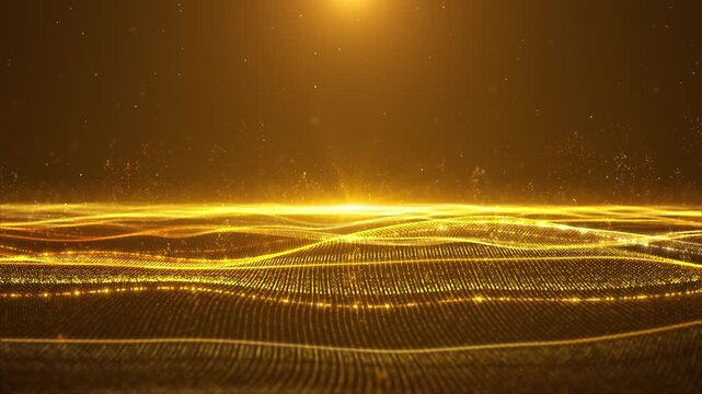 Luxury golden ocean particle lines wave, wave particles background abstract gold dots wave form polygonal three dimension space, science wave particles with light effects, gold wavy particles moving.
