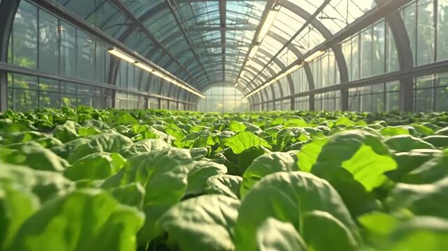 Rows of green plants grow in a modern greenhouse with sunlight streaming through the glass roof