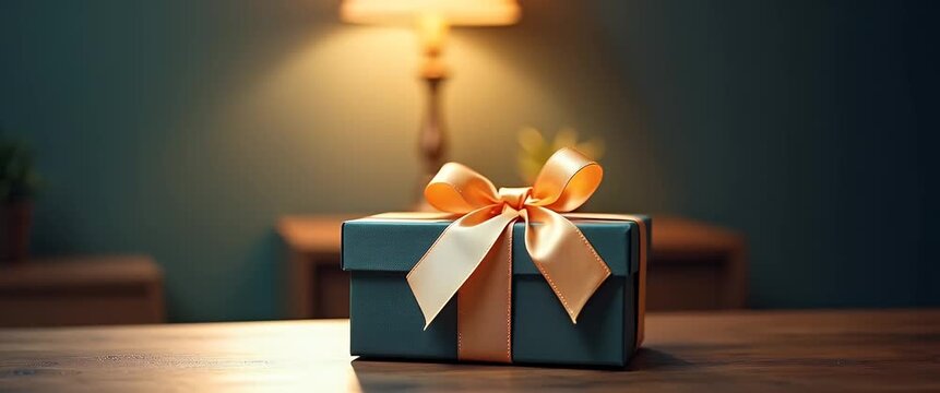 Elegant gift box with red ribbon on wooden table, bathed in warm cinematic light as golden particles shimmer in the air, with a gentle camera pan revealing festive ambiance.
