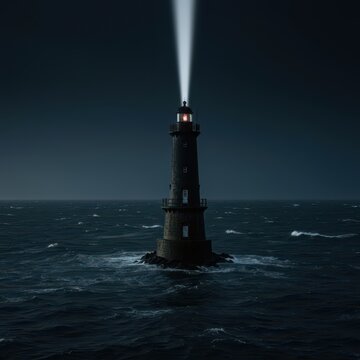 A tall coastal lighthouse structure piercing the heavy darkness, shining a powerful guiding light beam across the rough, stormy ocean water, piercing, darkness, coast