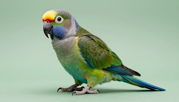 A charismatic Pionus parrot with striking green, blue, and yellow plumage, posing on a muted green background, ideal for avian or pet-related themes.
