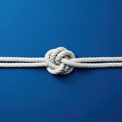 Fototapeta premium Clean white nautical knot displayed against a vibrant, saturated sapphire blue backdrop, emphasizing texture and contrast, azure, unity, loop