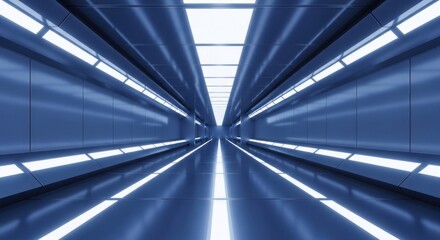 Obraz premium Futuristic corridor with polished floors and glowing lights, vanishing point view