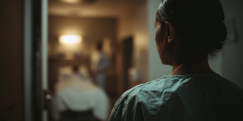 Fototapeta premium Elderly South Asian woman in hospital gown looking down hallway at blurred patient in bed, concept of care and hope