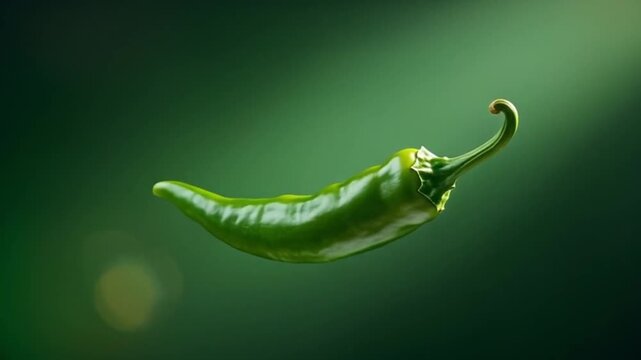 Floating green chili pepper captured in extreme macro detail, illuminated by soft but high intensity studio lights that create sharp highlights and deep contrast, vivid bright backdrop
