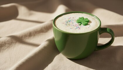 Green mug with foam and shamrock cookie in sunlight