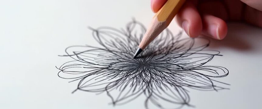 Hand draws intricate flower sketch with pencil, slow pan captures artistic process, ambient light flickers, cinematic style enhances creative focus, ideal for art tutorials or creative projects.