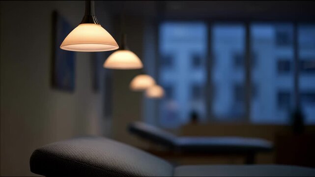 Dimmable overhead lights cast gentle illumination on therapy couch foreground sharp and detailed background fading softly for evening calm.