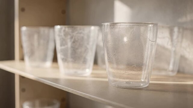 Focused medium shot of clear fiber cups displayed on minimalist shelves highlighting ecofriendly design with a softly blurred surrounding to emphasize sustainability.