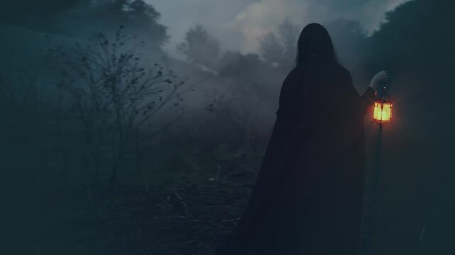 Fairy tale Gothic scared girl walking in dark foggy forest trees sky, black long medieval victorion old style dress train trails along ground slow motion. Fantasy mystery woman back rear view princess