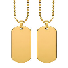 Fototapeta premium Pair of gold-colored rectangular pendants hanging on a delicate chain necklace