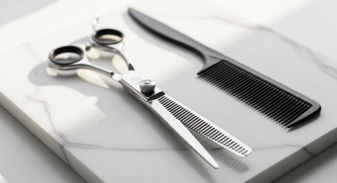 Hairdressing tools; silver scissors and black comb lay on white marble