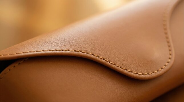 Macro shot of a brown leather eyeglass case showing detailed stitching and texture, craftsmanship concept. Protective accessory, fashion style, high quality material, elegant design.