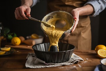 person pouring batter into pan surrounded by lemons
