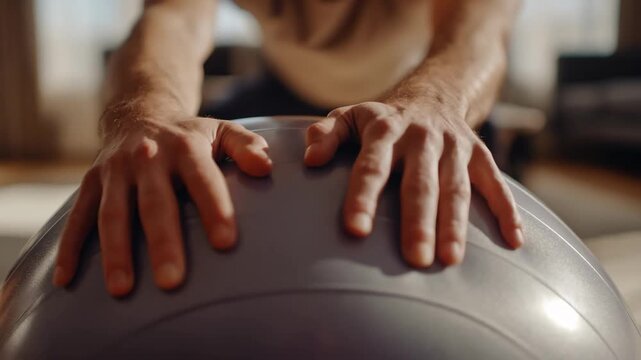 Focused medium shot of upper body and arms pressing down on a therapy ball for strength and stability with living room surroundings out of focus to enhance concentration.