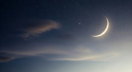 Crescent Moon and Stars in Night Sky with Clouds.